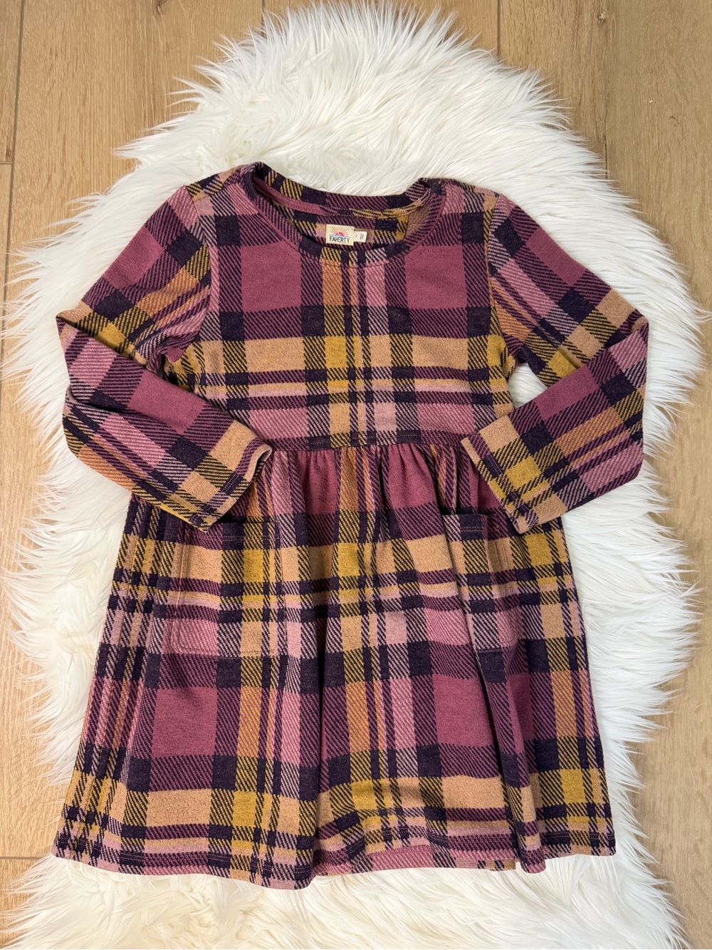 Faherty Girls' Plaid Long-Sleeve Dress in Pink & Mustard Size 6